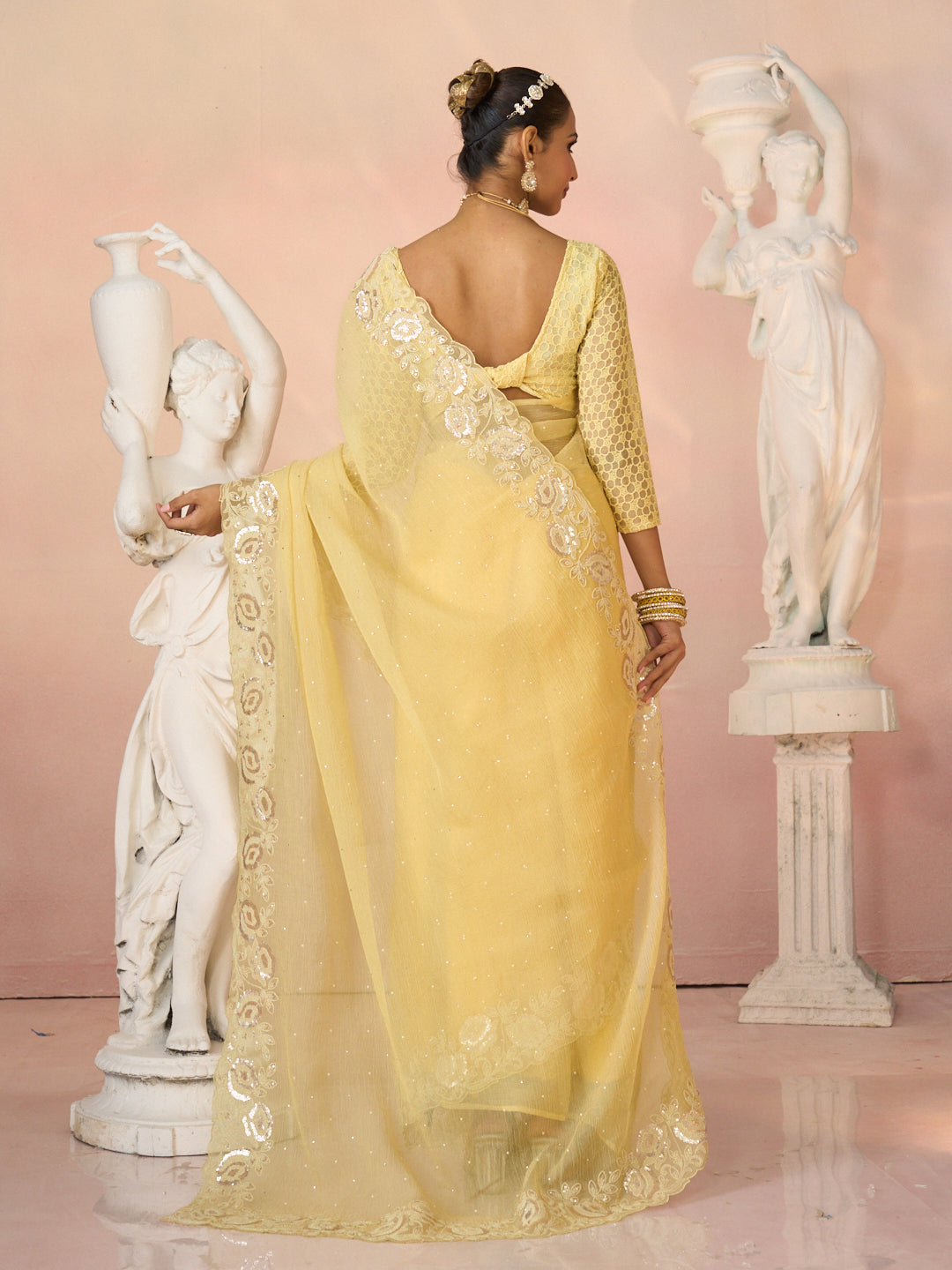 Laxmipati Kesaar Bhog Tissue Organza Floral Embroidered Saree in Yellow Color