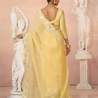 Laxmipati Kesaar Bhog Tissue Organza Floral Embroidered Saree in Yellow Color