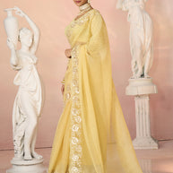Laxmipati Kesaar Bhog Tissue Organza Floral Embroidered Saree in Yellow Color