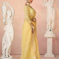 Laxmipati Kesaar Bhog Tissue Organza Floral Embroidered Saree in Yellow Color