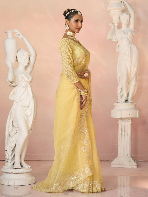 Laxmipati Kesaar Bhog Tissue Organza Floral Embroidered Saree in Yellow Color