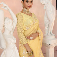 Laxmipati Kesaar Bhog Tissue Organza Floral Embroidered Saree in Yellow Color