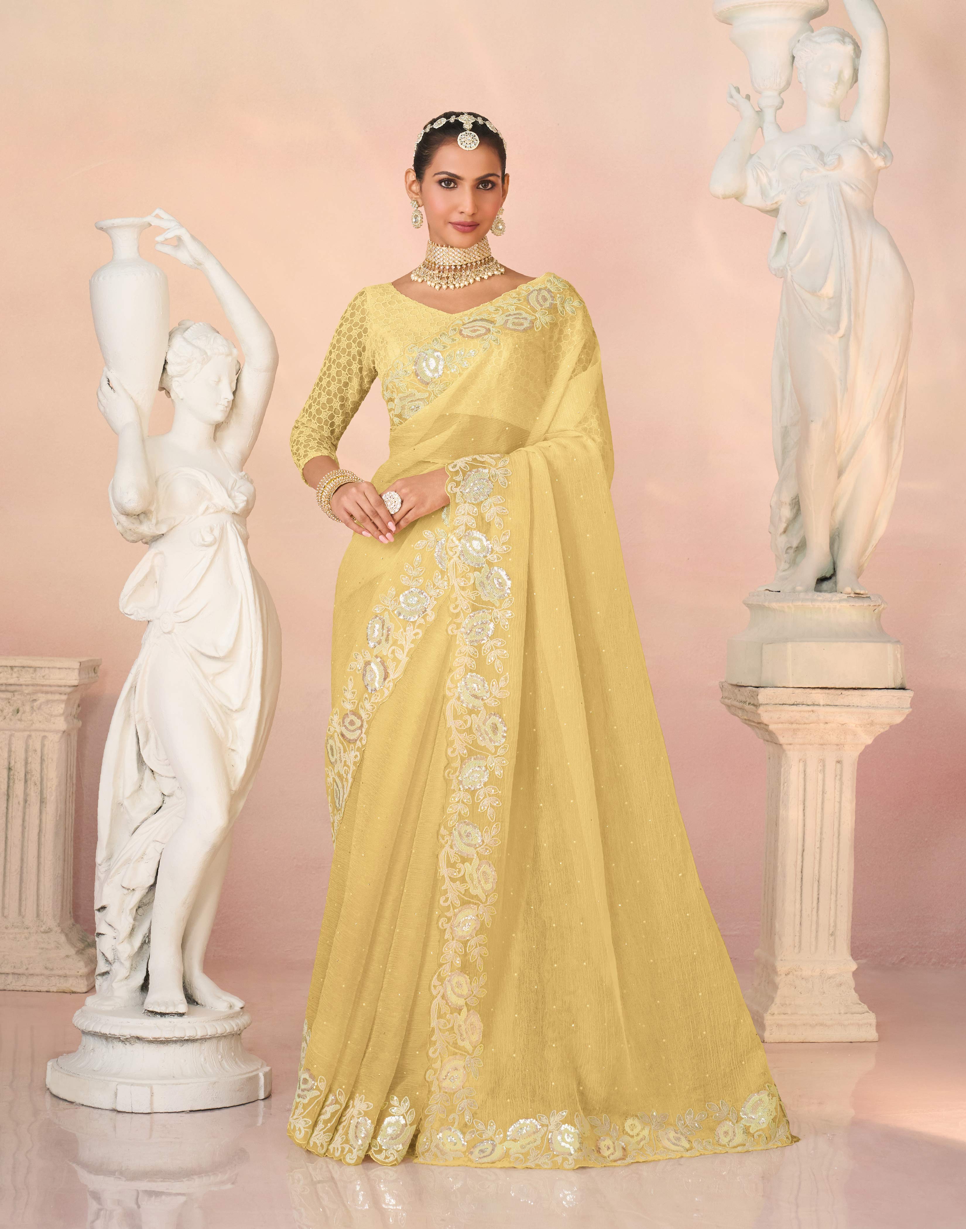 Laxmipati Kesaar Bhog Tissue Organza Floral Embroidered Saree in Yellow Color