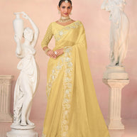 Laxmipati Kesaar Bhog Tissue Organza Floral Embroidered Saree in Yellow Color