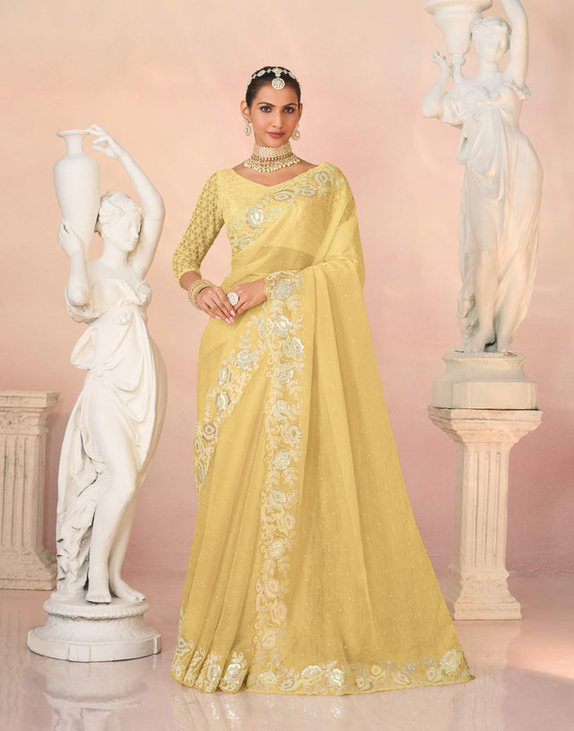 Laxmipati Kesaar Bhog Tissue Organza Floral Embroidered Saree in Yellow Color