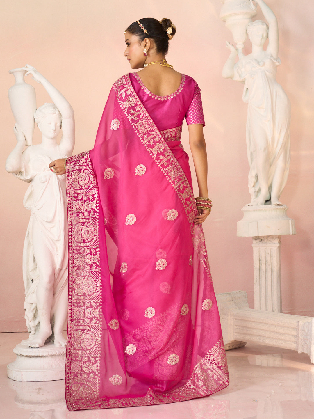 Laxmipati Kesaar Bhog Tissue Organza Floral Embroidered Saree in Pink Color