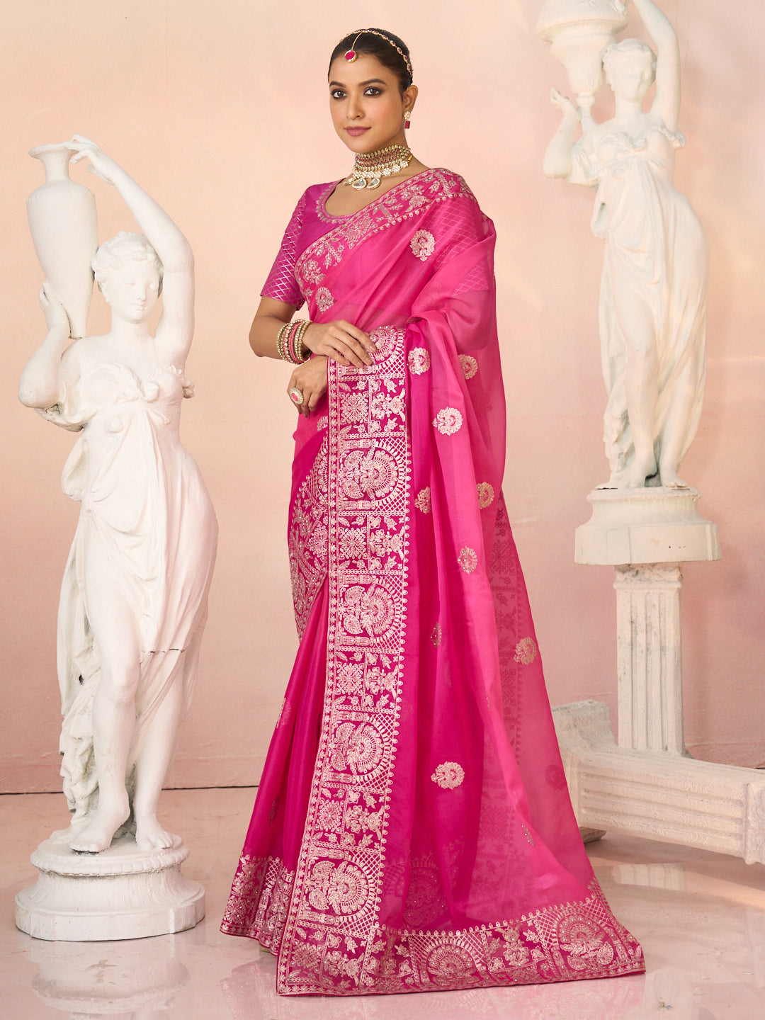 Laxmipati Kesaar Bhog Tissue Organza Floral Embroidered Saree in Pink Color