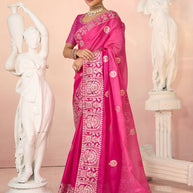 Laxmipati Kesaar Bhog Tissue Organza Floral Embroidered Saree in Pink Color