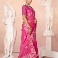 Laxmipati Kesaar Bhog Tissue Organza Floral Embroidered Saree in Pink Color