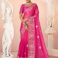 Laxmipati Kesaar Bhog Tissue Organza Floral Embroidered Saree in Pink Color