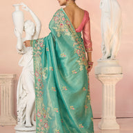 Laxmipati Kesaar Bhog Tissue Organza Floral Embroidered Saree in Teal Green Color