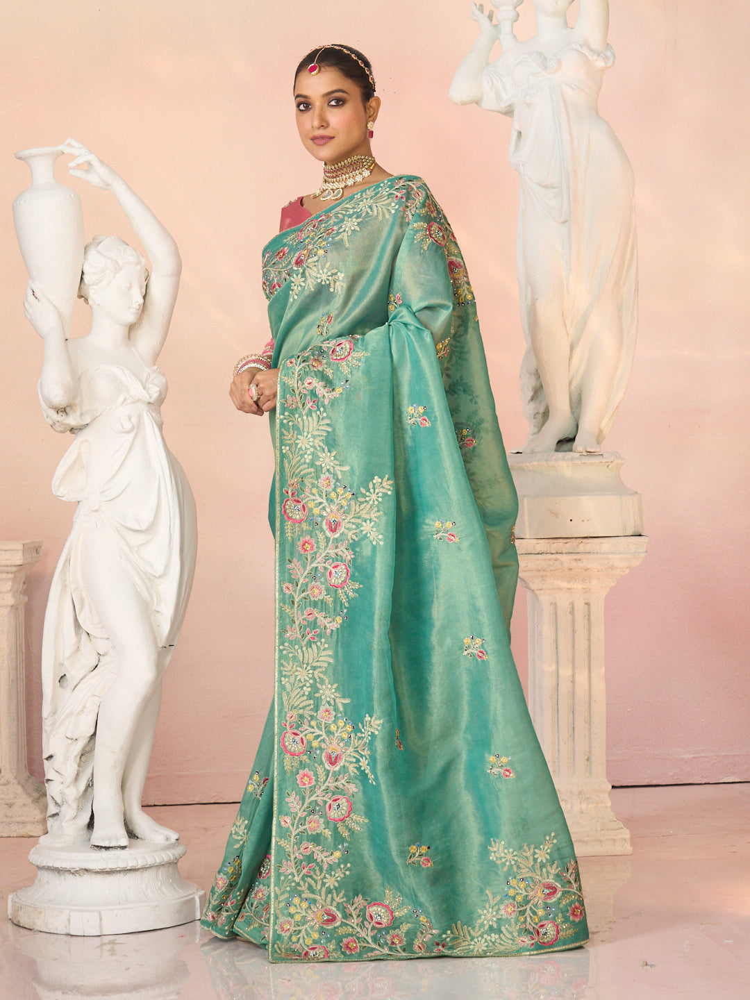 Laxmipati Kesaar Bhog Tissue Organza Floral Embroidered Saree in Teal Green Color