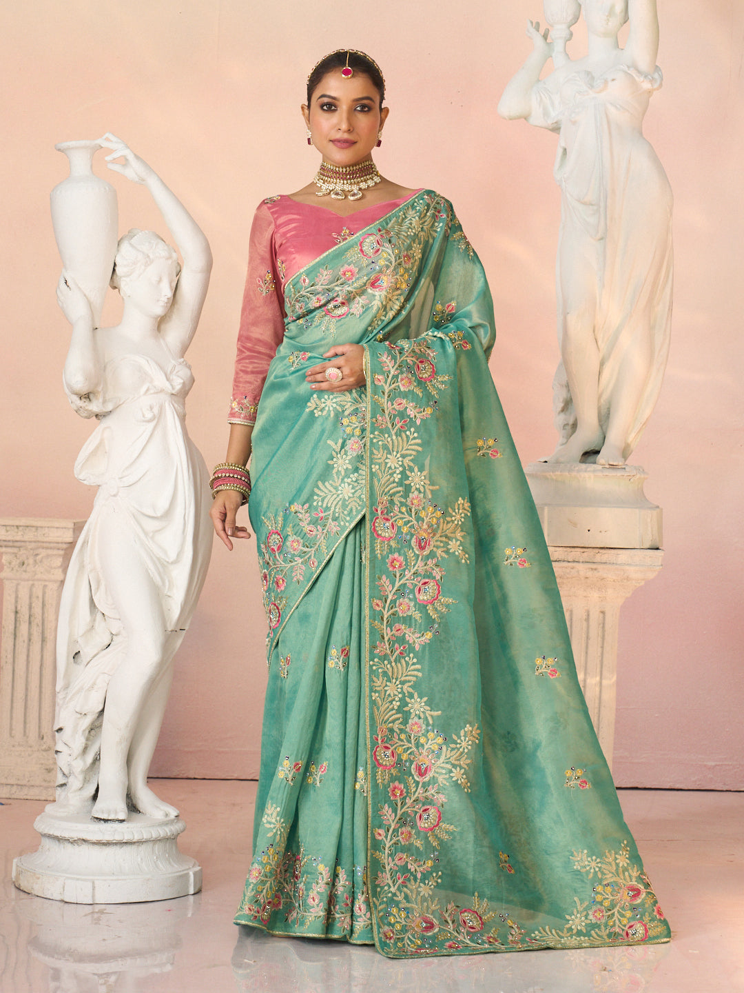 Laxmipati Kesaar Bhog Tissue Organza Floral Embroidered Saree in Teal Green Color