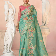 Laxmipati Kesaar Bhog Tissue Organza Floral Embroidered Saree in Teal Green Color
