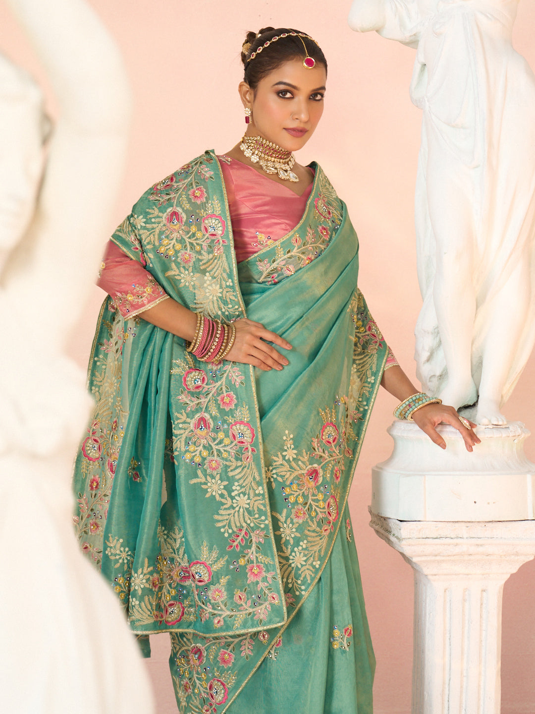 Laxmipati Kesaar Bhog Tissue Organza Floral Embroidered Saree in Teal Green Color