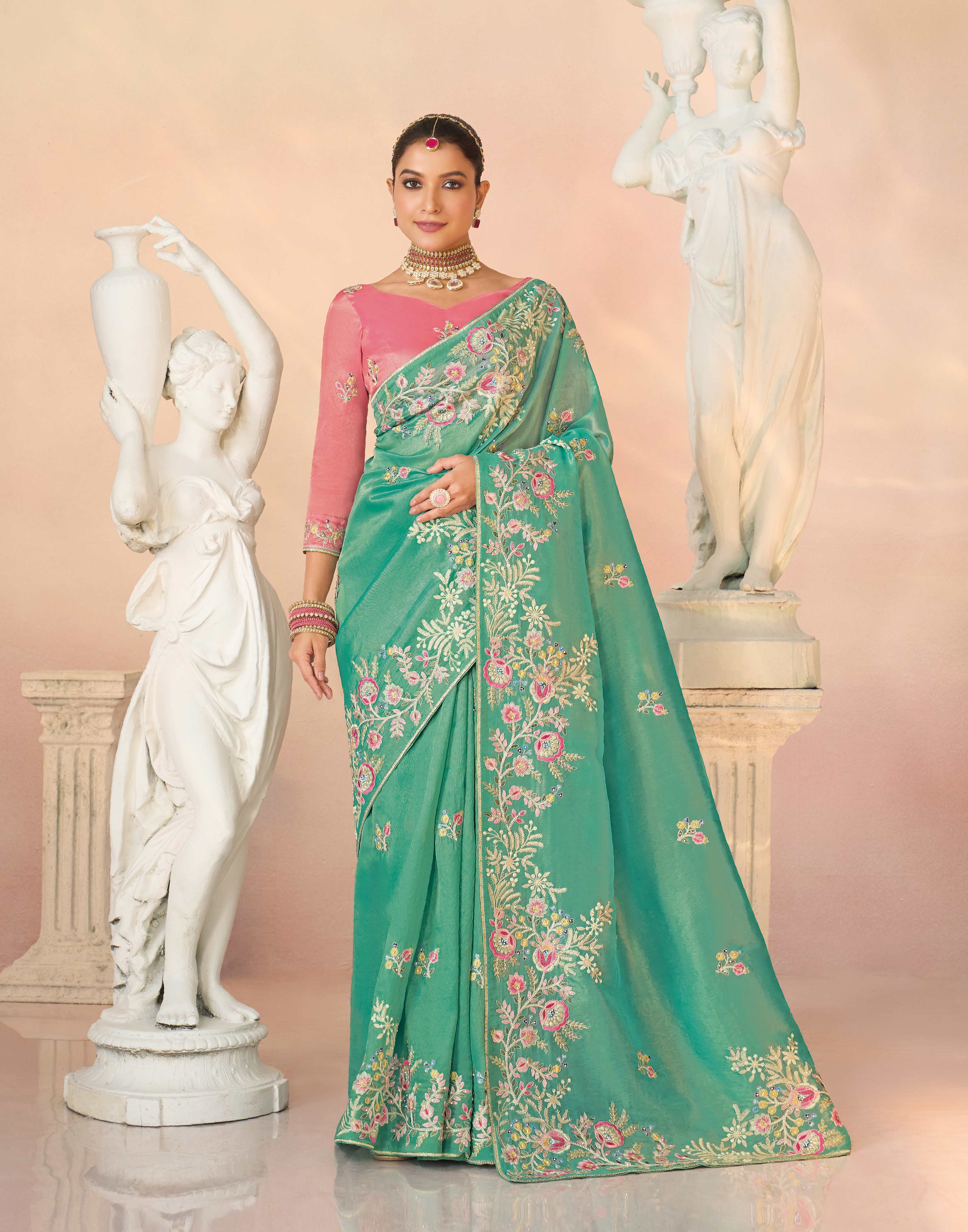 Laxmipati Kesaar Bhog Tissue Organza Floral Embroidered Saree in Teal Green Color