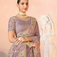 Laxmipati Kesaar Bhog Silk Floral Embroidered Saree in Purple Color