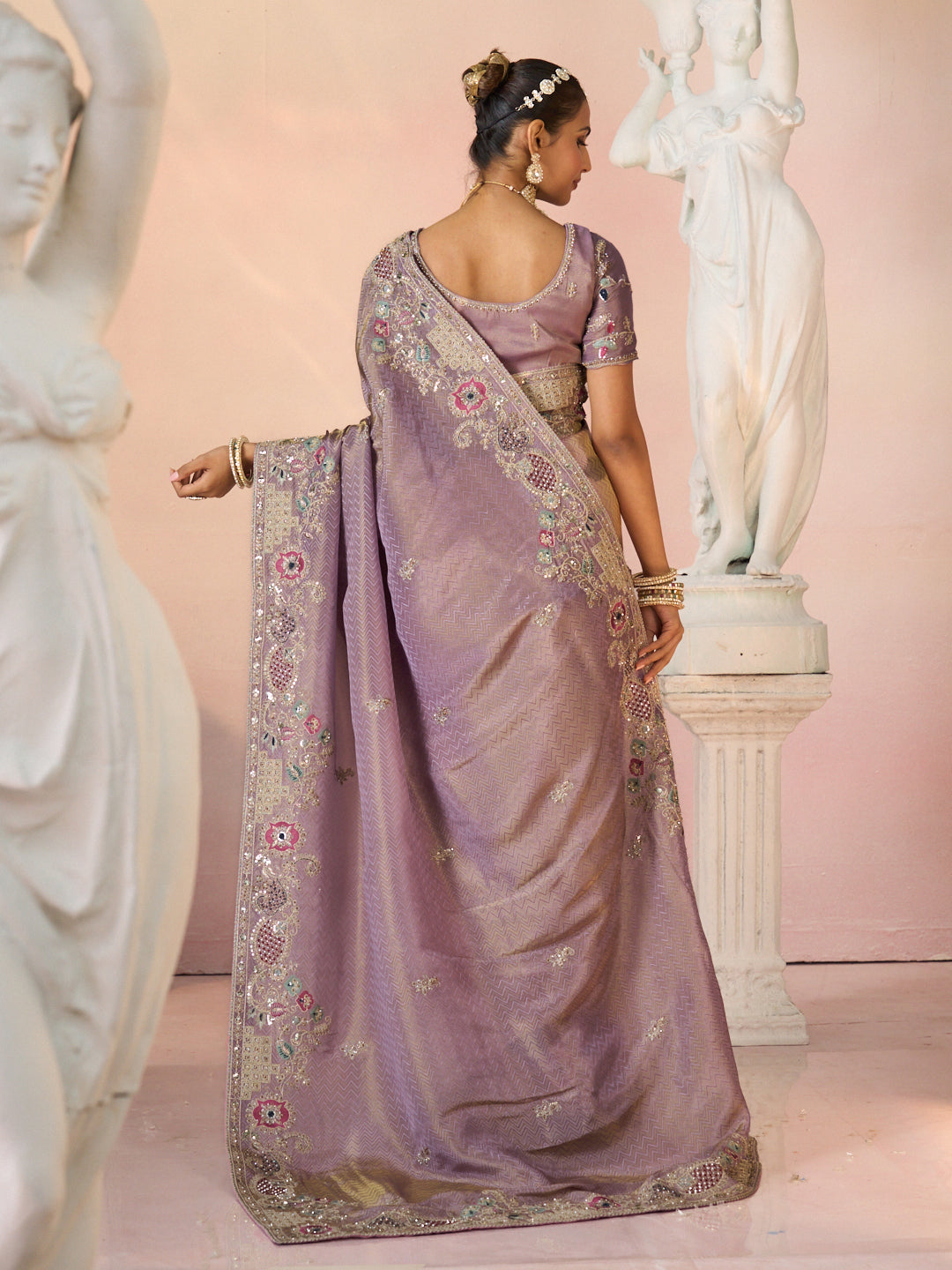 Laxmipati Kesaar Bhog Silk Floral Embroidered Saree in Purple Color