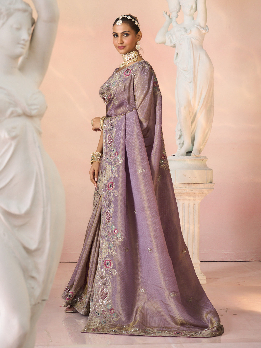 Laxmipati Kesaar Bhog Silk Floral Embroidered Saree in Purple Color