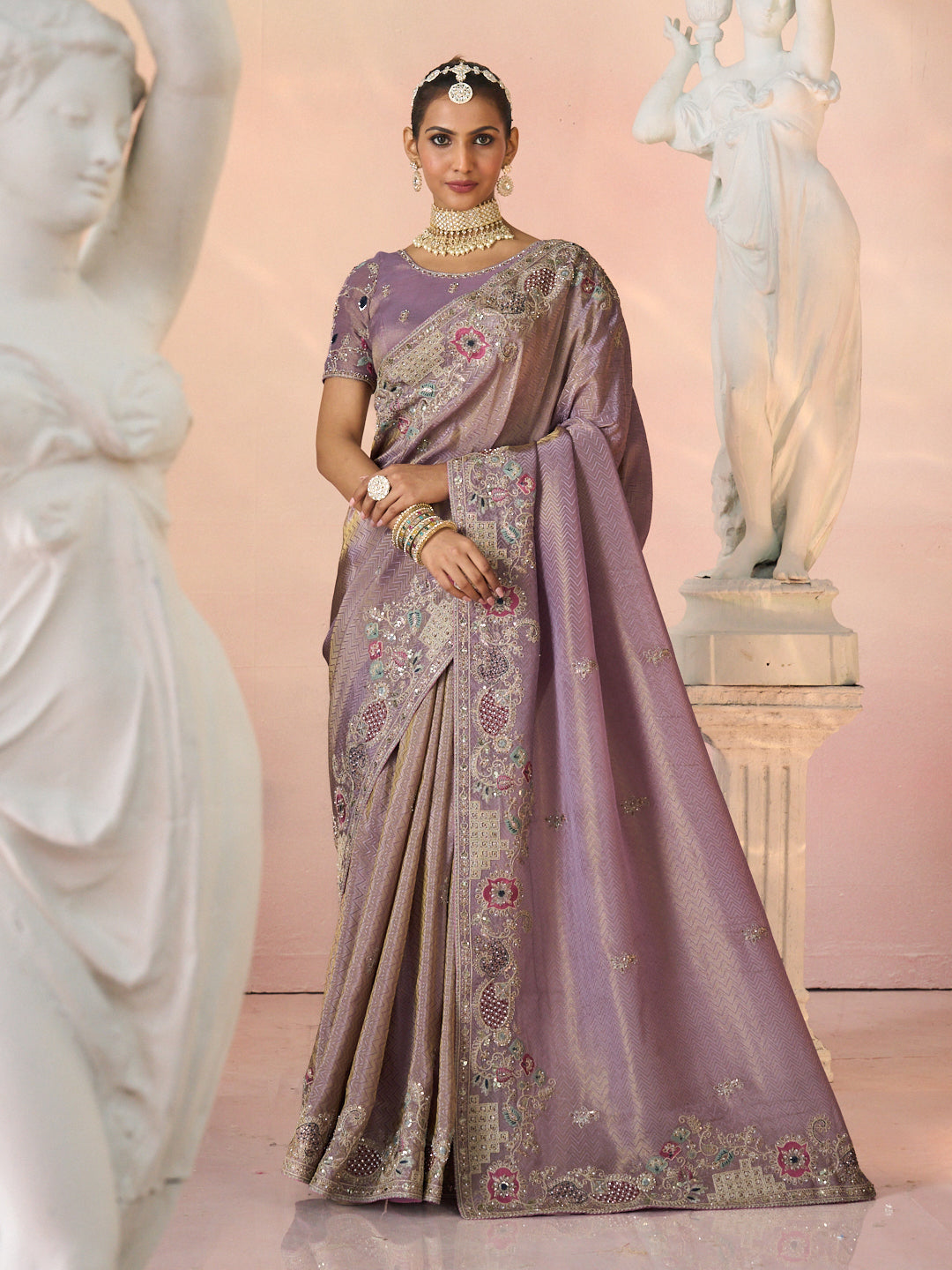 Lamipati Kesaar Bhog Silk Floral Embroidered Saree in Purple Color