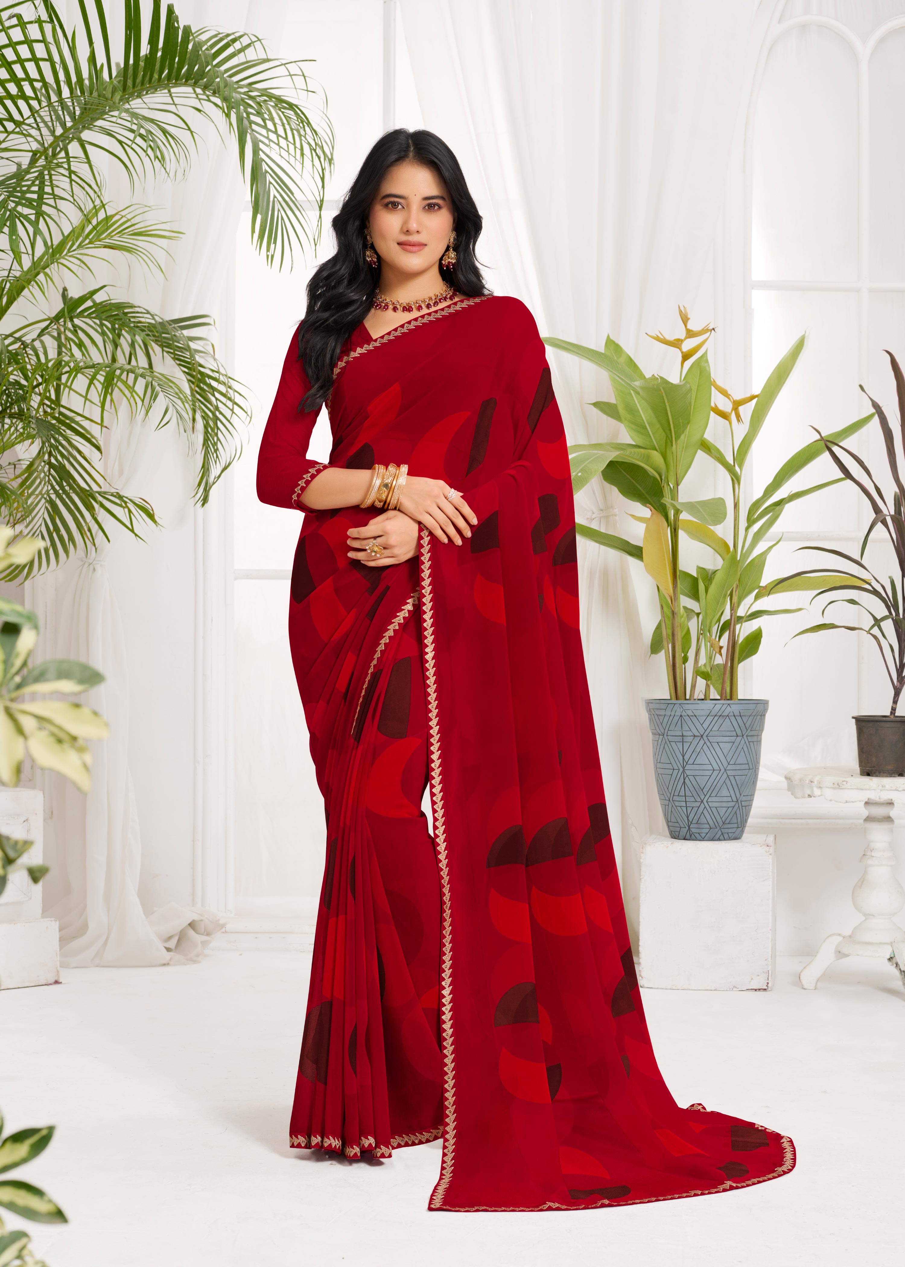 Laxmipati Purnima Geometric Georgette Printed Saree in Red Color
