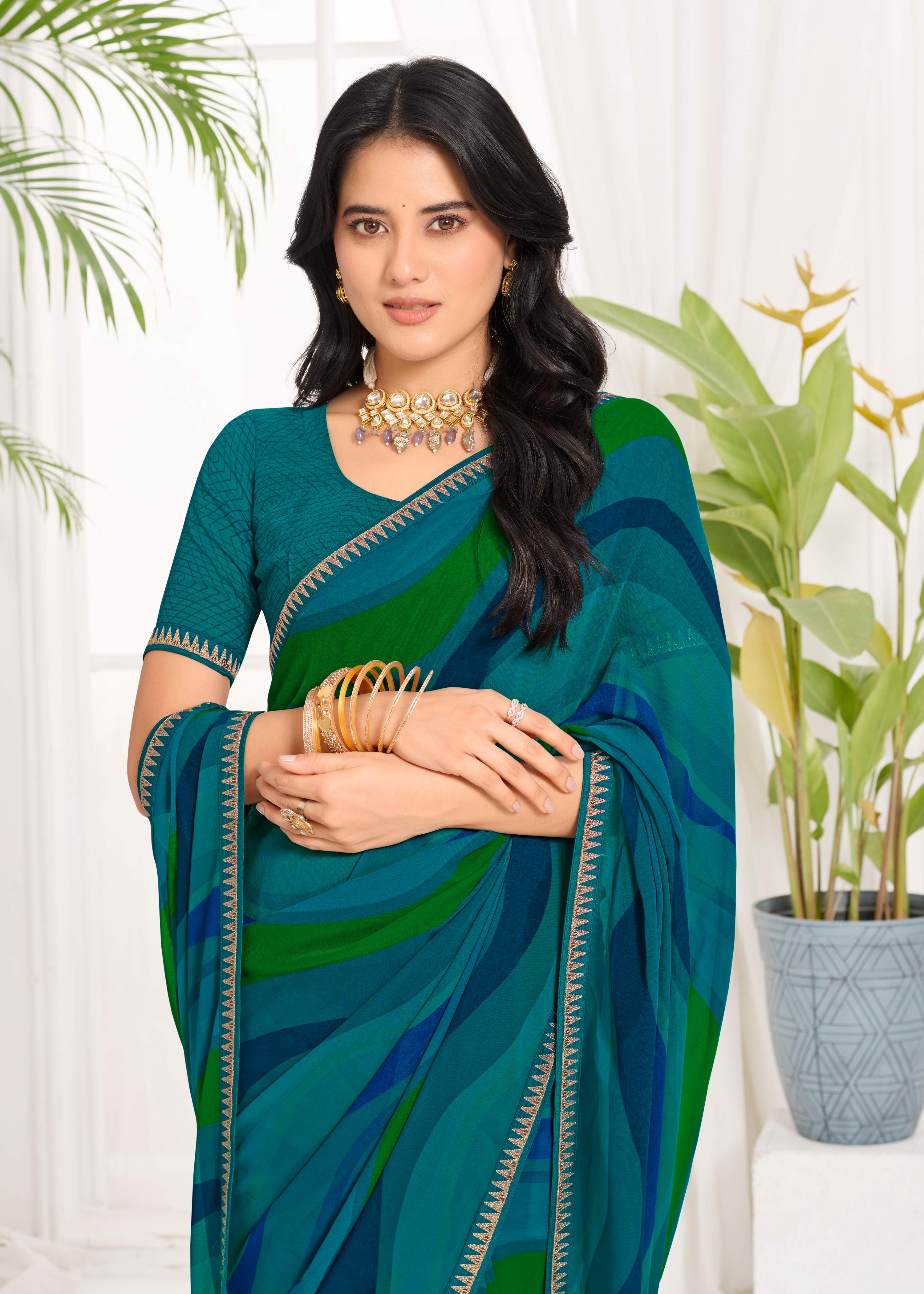 Laxmipati Purnima Geometric Georgette Printed Saree in Teal Blue Color