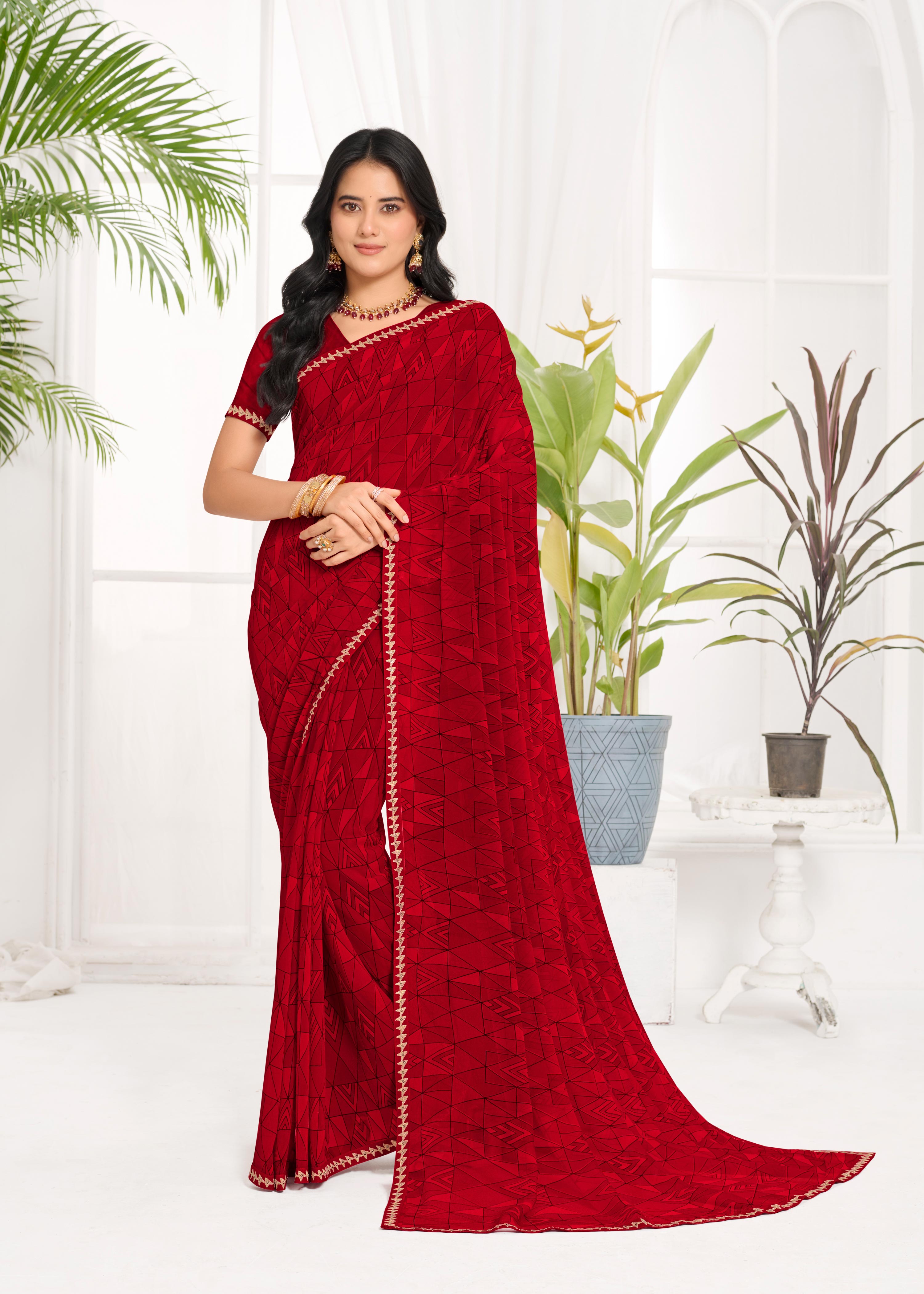 Laxmipati Purnima Geometric Georgette Printed Saree in Red Color