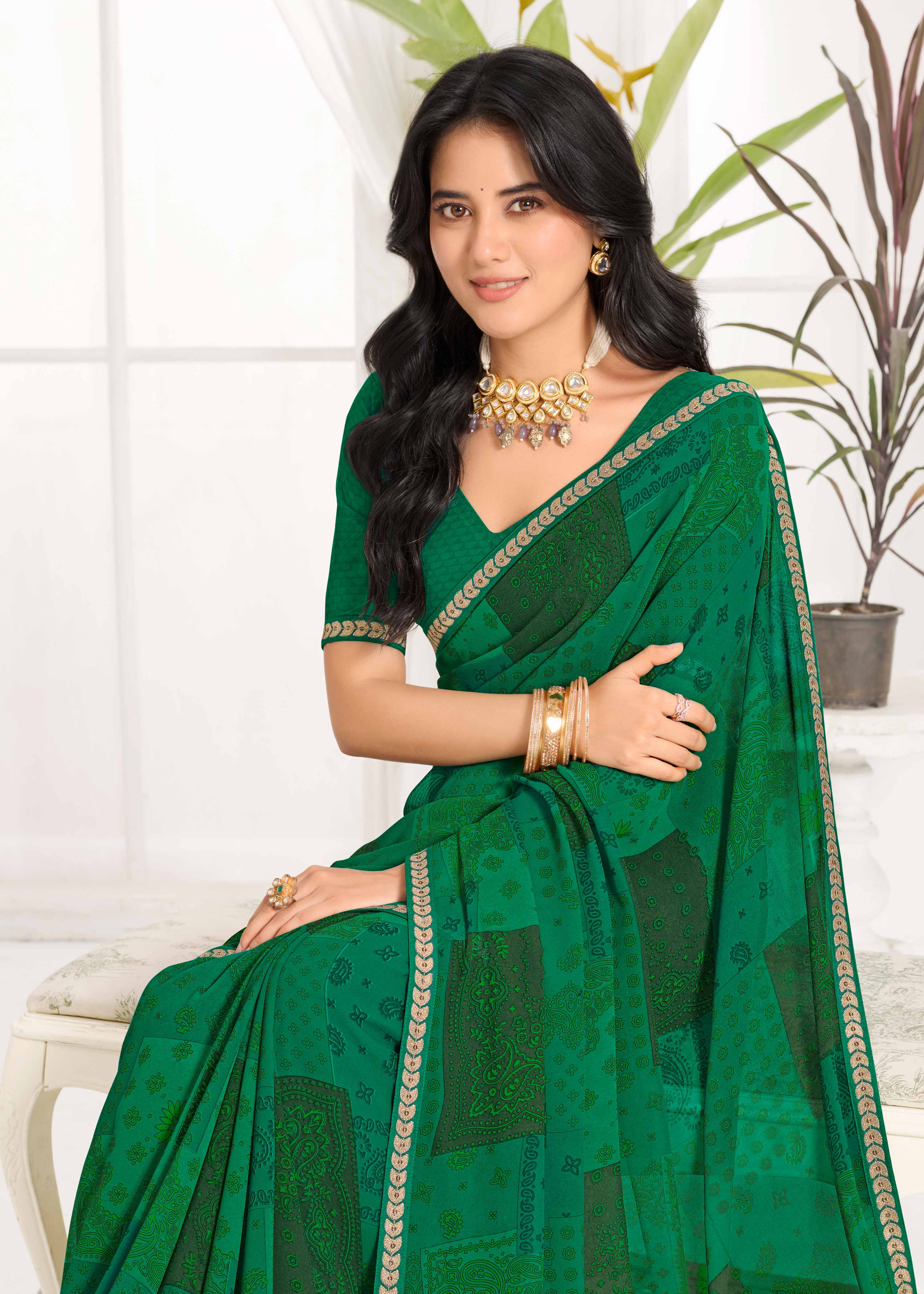 Laxmipati Purnima Geometric Georgette Printed Saree in Green Color