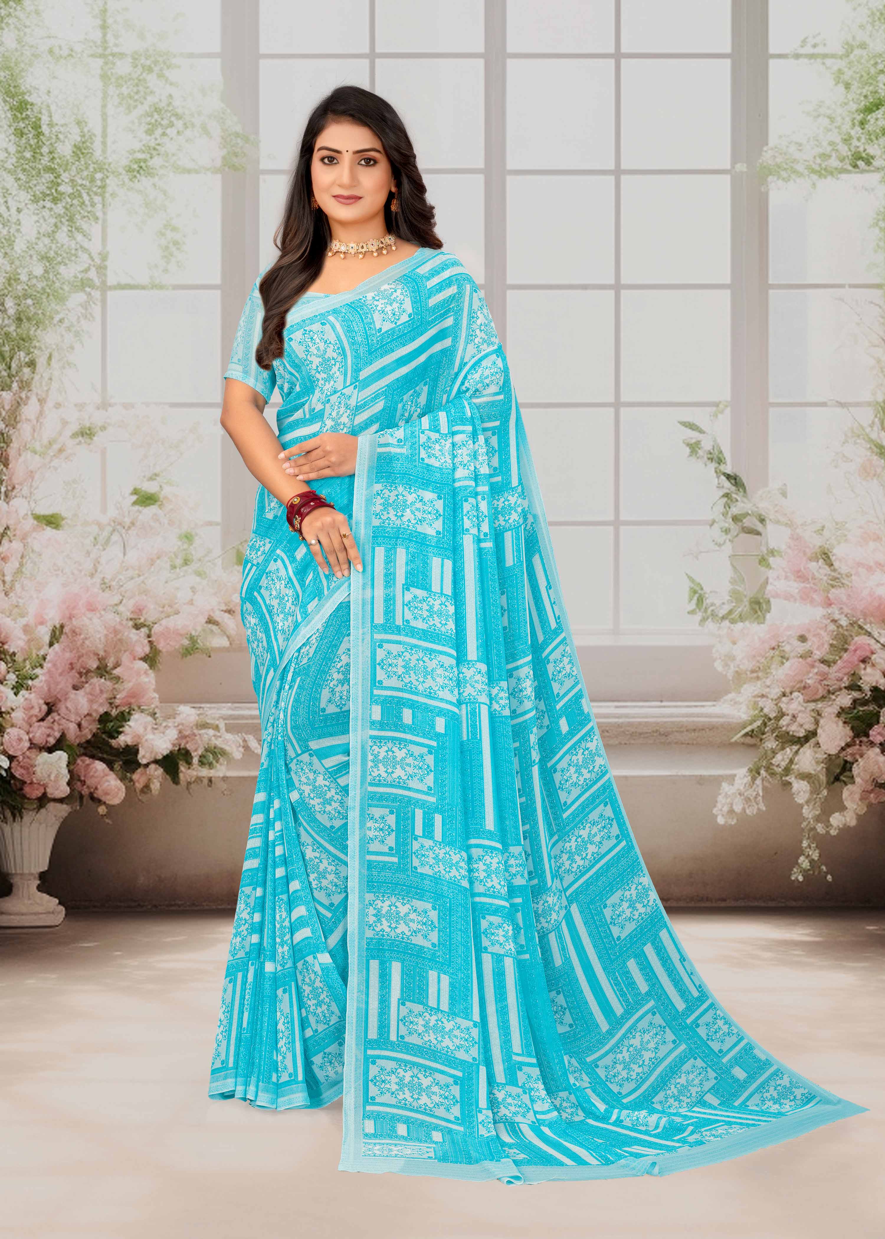 Laxmipati Basundi Geometric Georgette Printed Saree in Blue Color