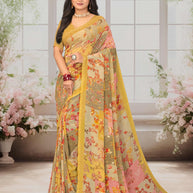 Laxmipati Basundi Floral Georgette Printed Saree in Mustard Color