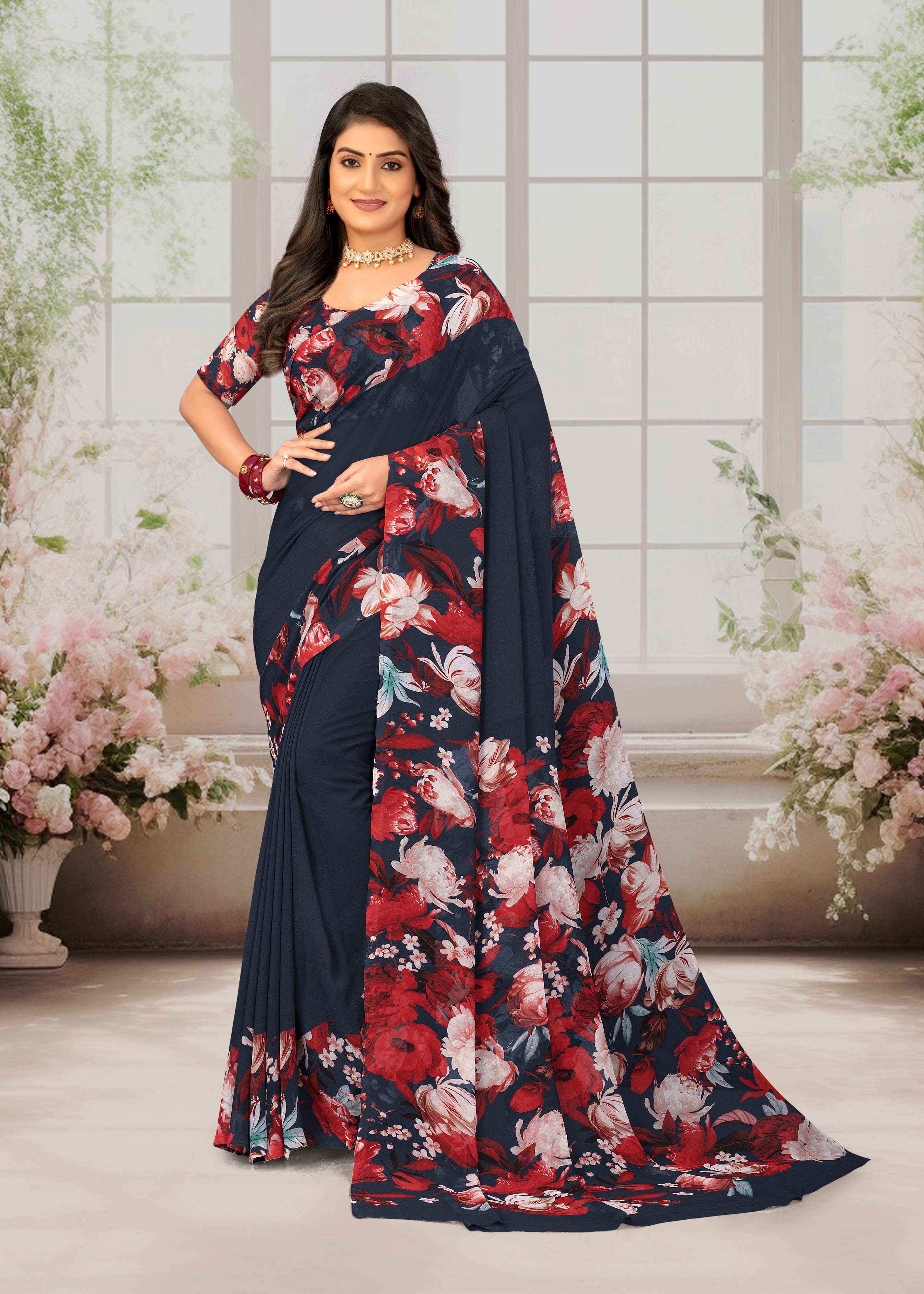 Laxmipati Basundi Floral Georgette Printed Saree in Navy Blue Color