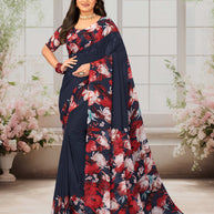 Laxmipati Basundi Floral Georgette Printed Saree in Navy Blue Color