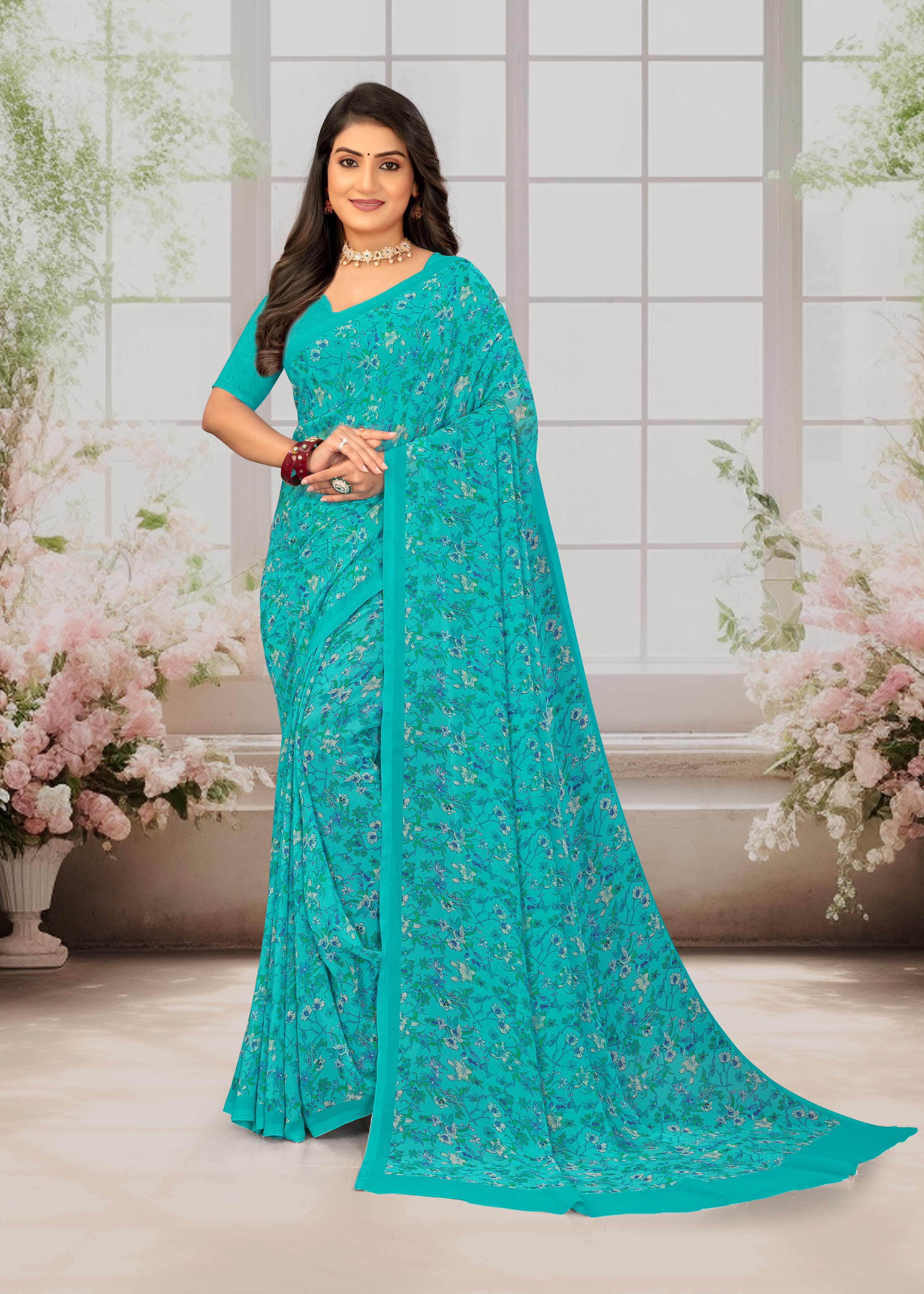 Laxmipati Basundi Floral Georgette Printed Saree in Teal Blue Color