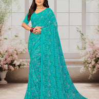 Laxmipati Basundi Floral Georgette Printed Saree in Teal Blue Color