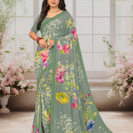 Laxmipati Basundi Floral Georgette Printed Saree in Olive Green Color