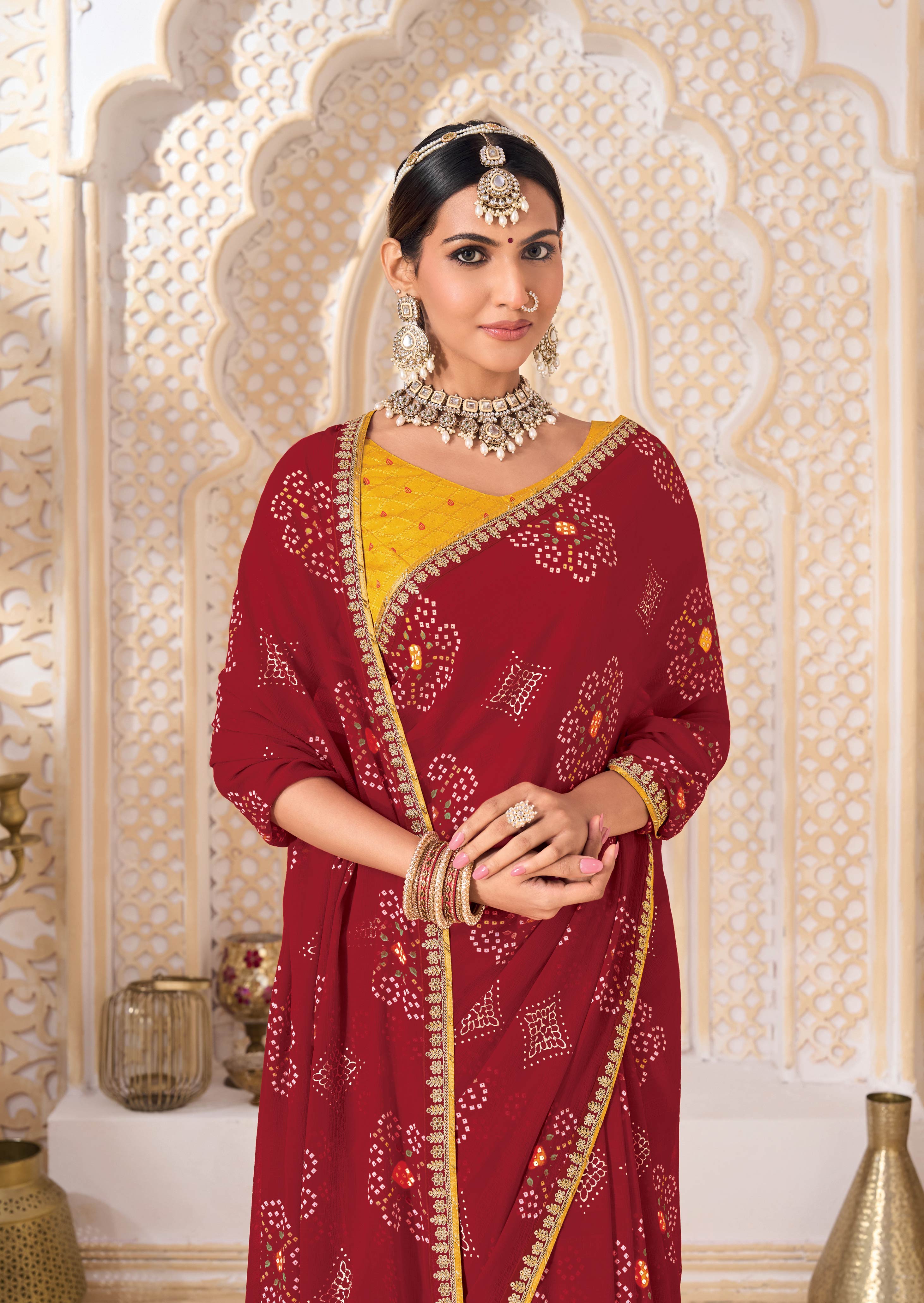 Laxmipati Ghoomar Red Georgette Bandhani Printed Saree