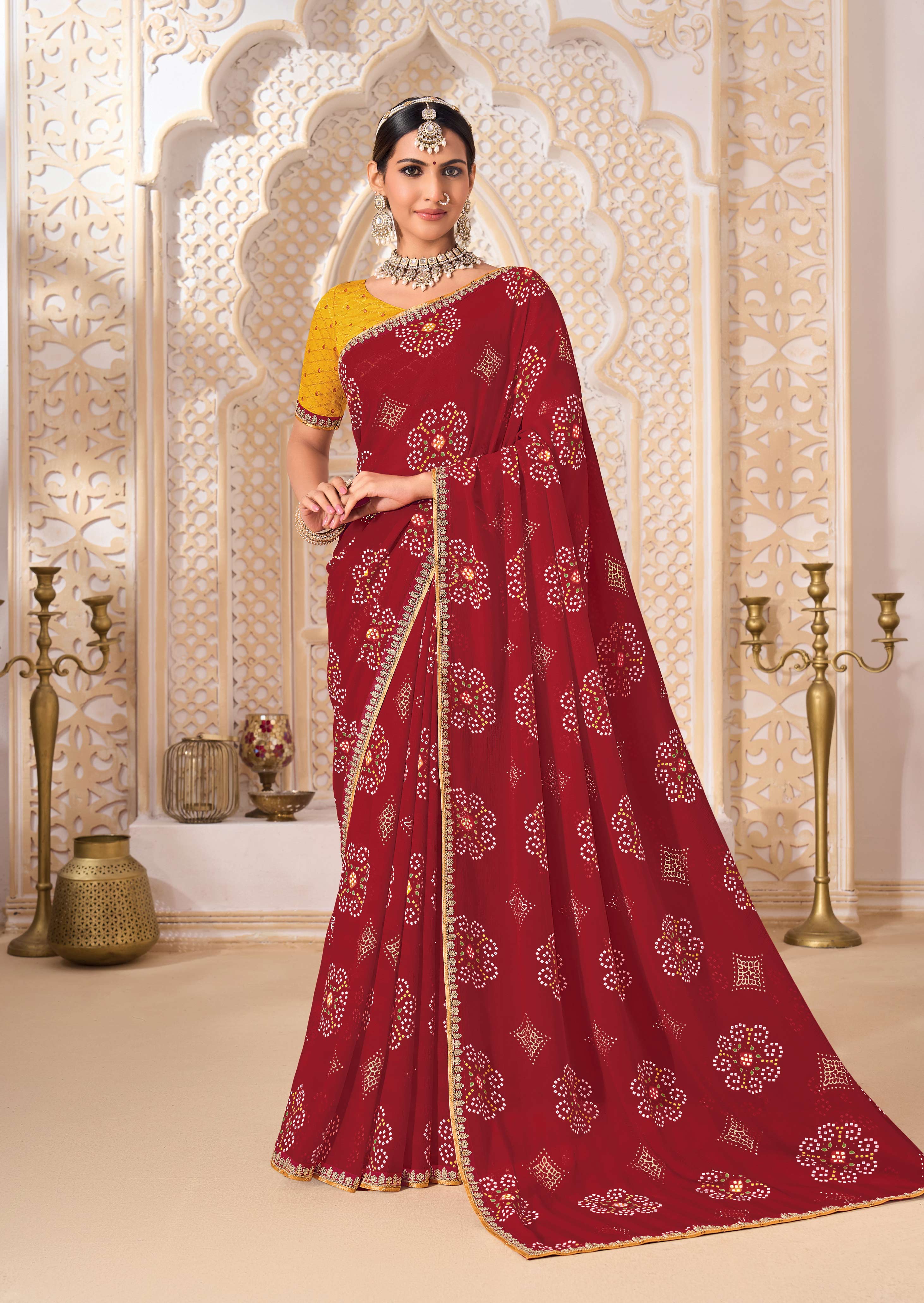 Laxmipati Ghoomar Red Georgette Bandhani Printed Saree