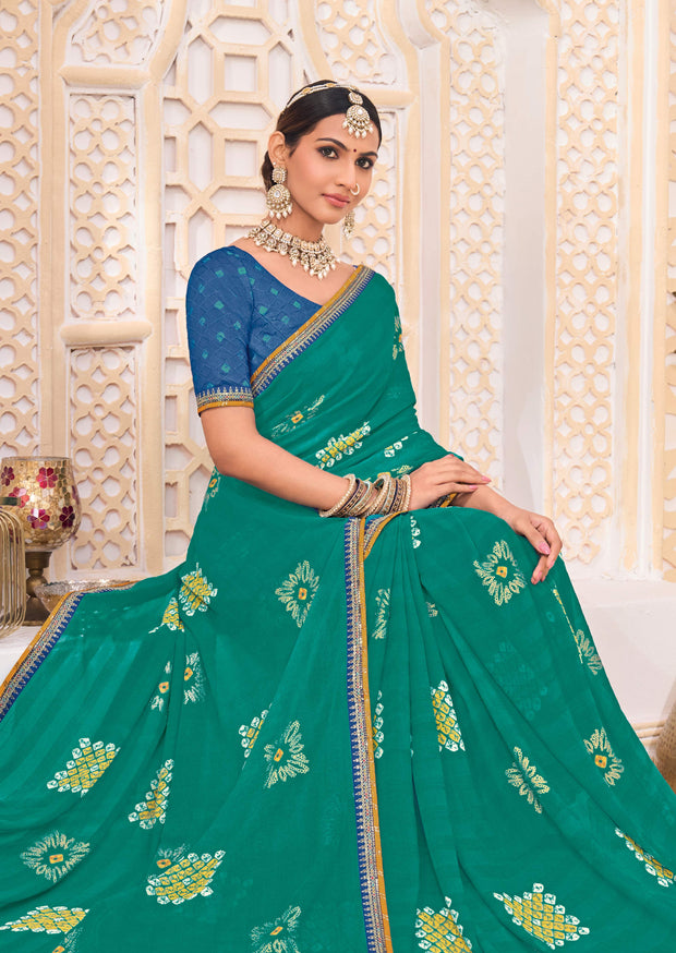 Laxmipati Ghoomar Teal Blue Georgette Floral Printed Saree