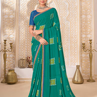 Laxmipati Ghoomar Teal Blue Georgette Floral Printed Saree