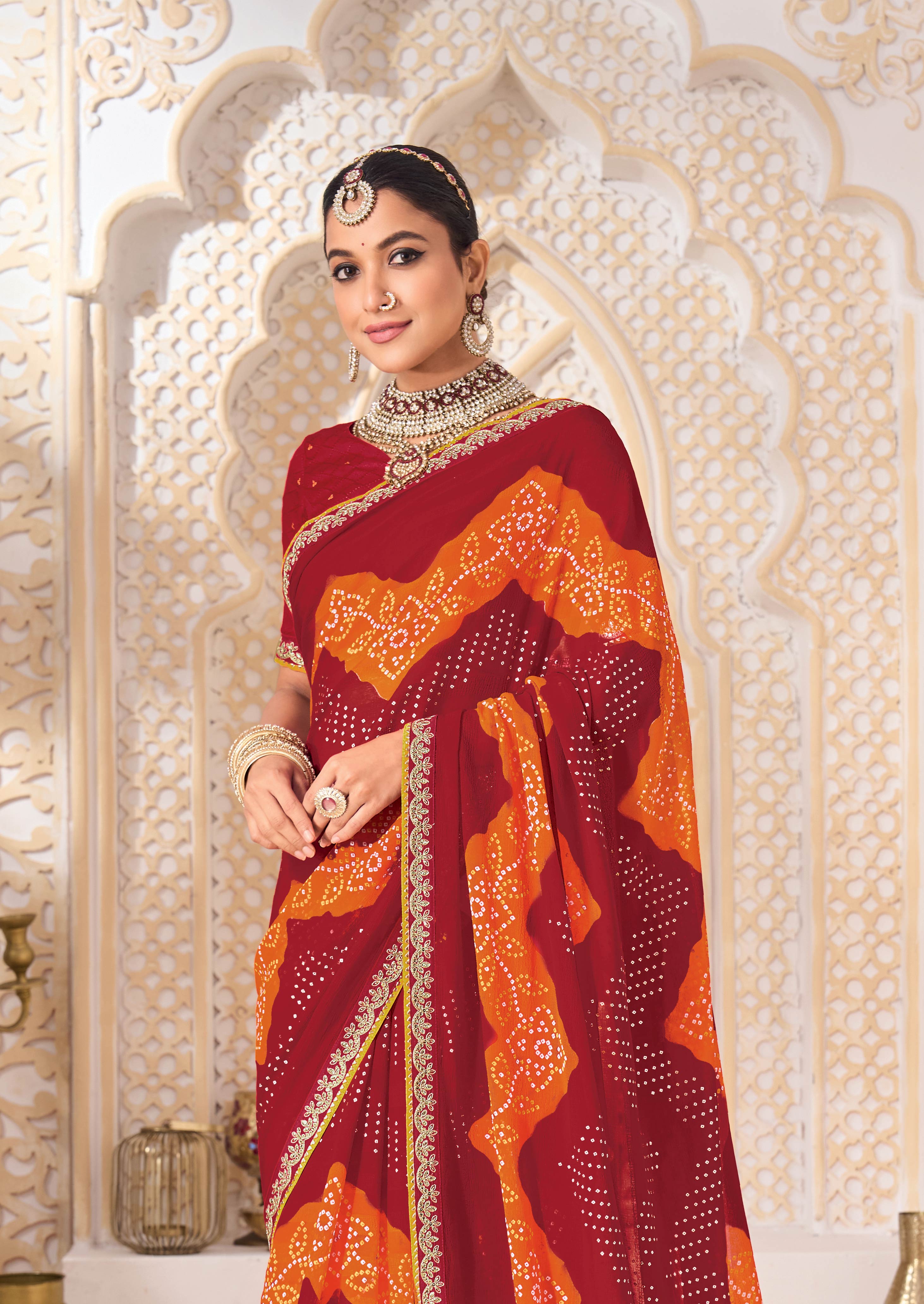 Laxmipati Ghoomar Red Georgette Bandhani Printed Saree