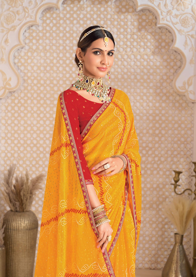Laxmipati Ghoomar Mustard Bandhani Printed Saree