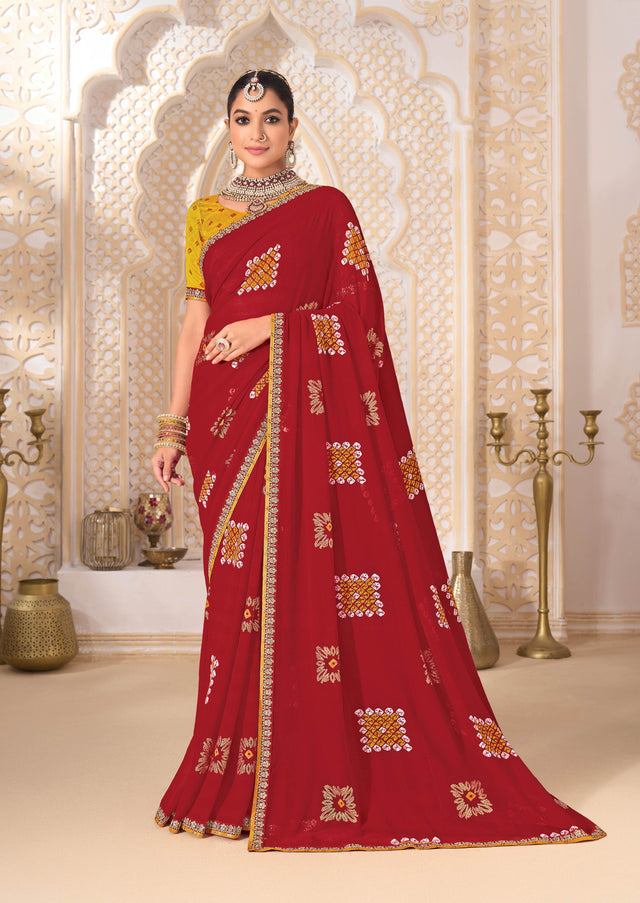 Laxmipati Ghoomar Maroon Georgette Floral Printed Saree