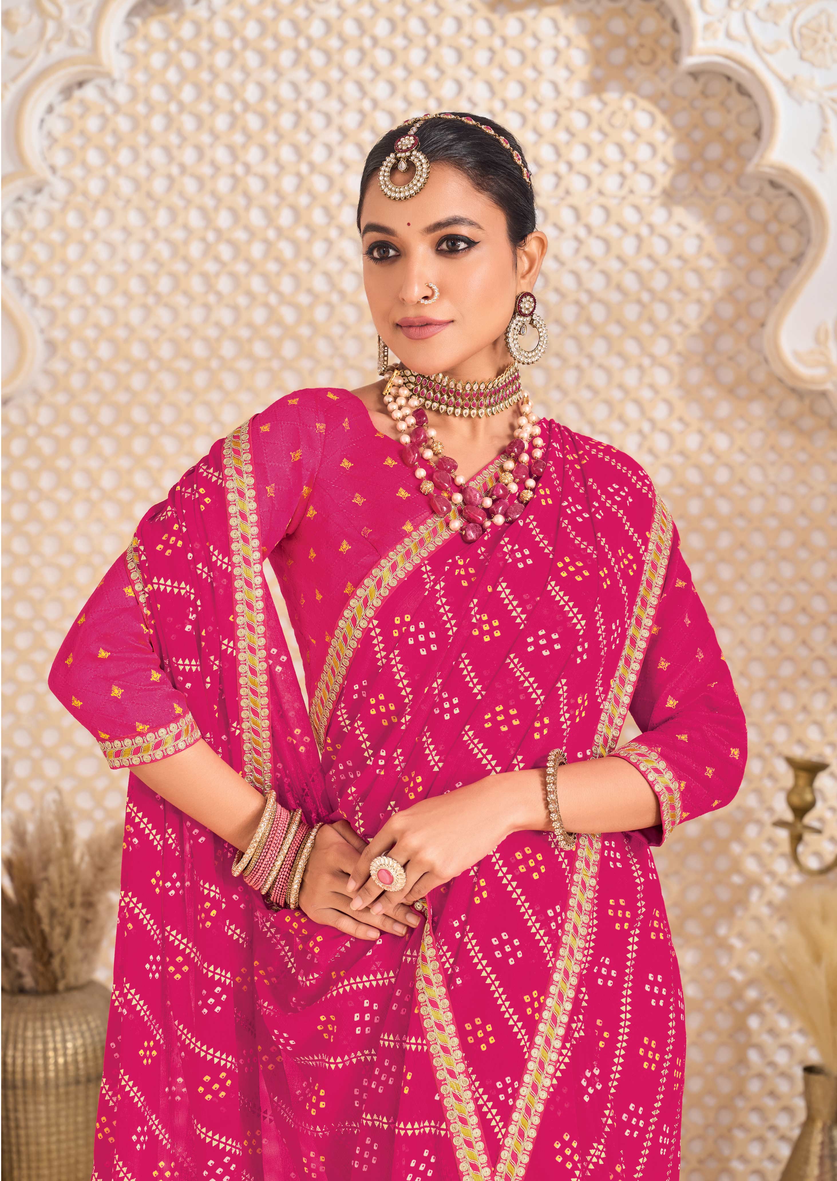 Laxmipati Ghoomar Pink Georgette Bandhai Printed Saree