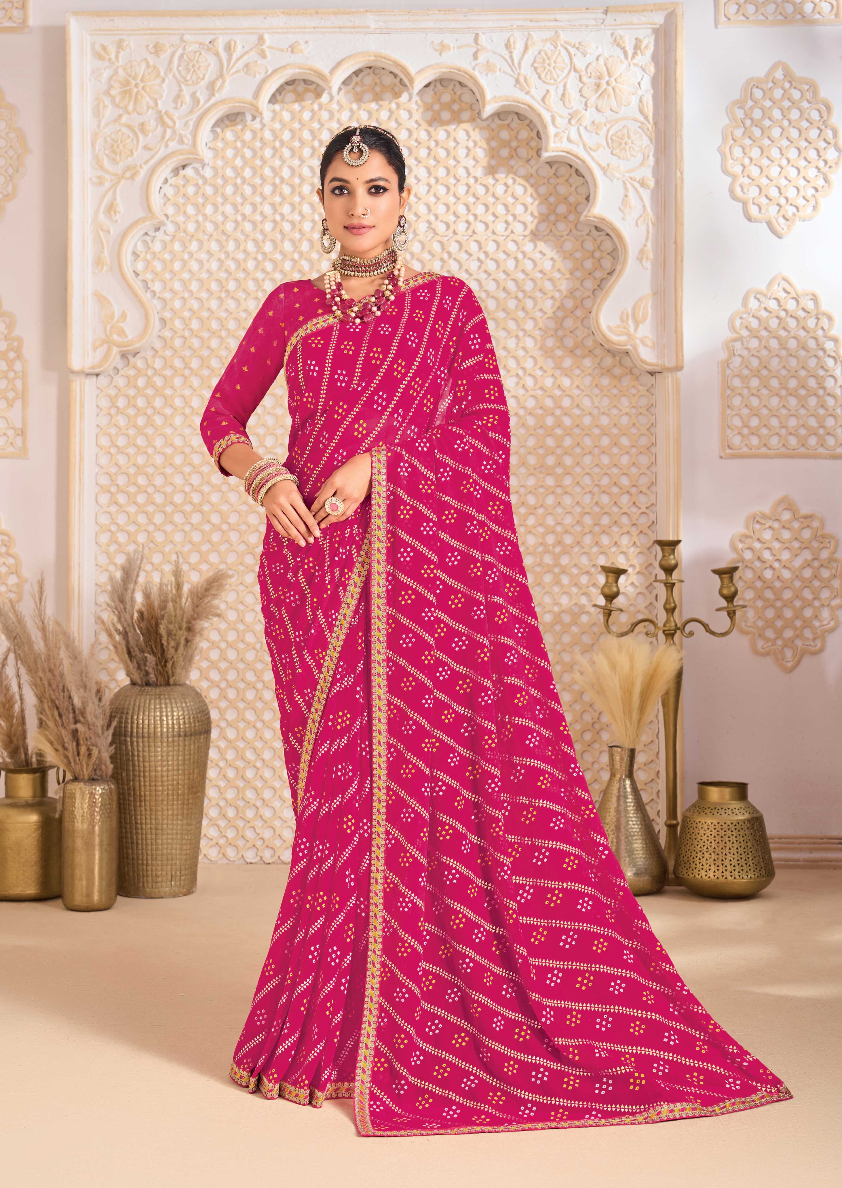 Laxmipati Ghoomar Pink Georgette Bandhai Printed Saree