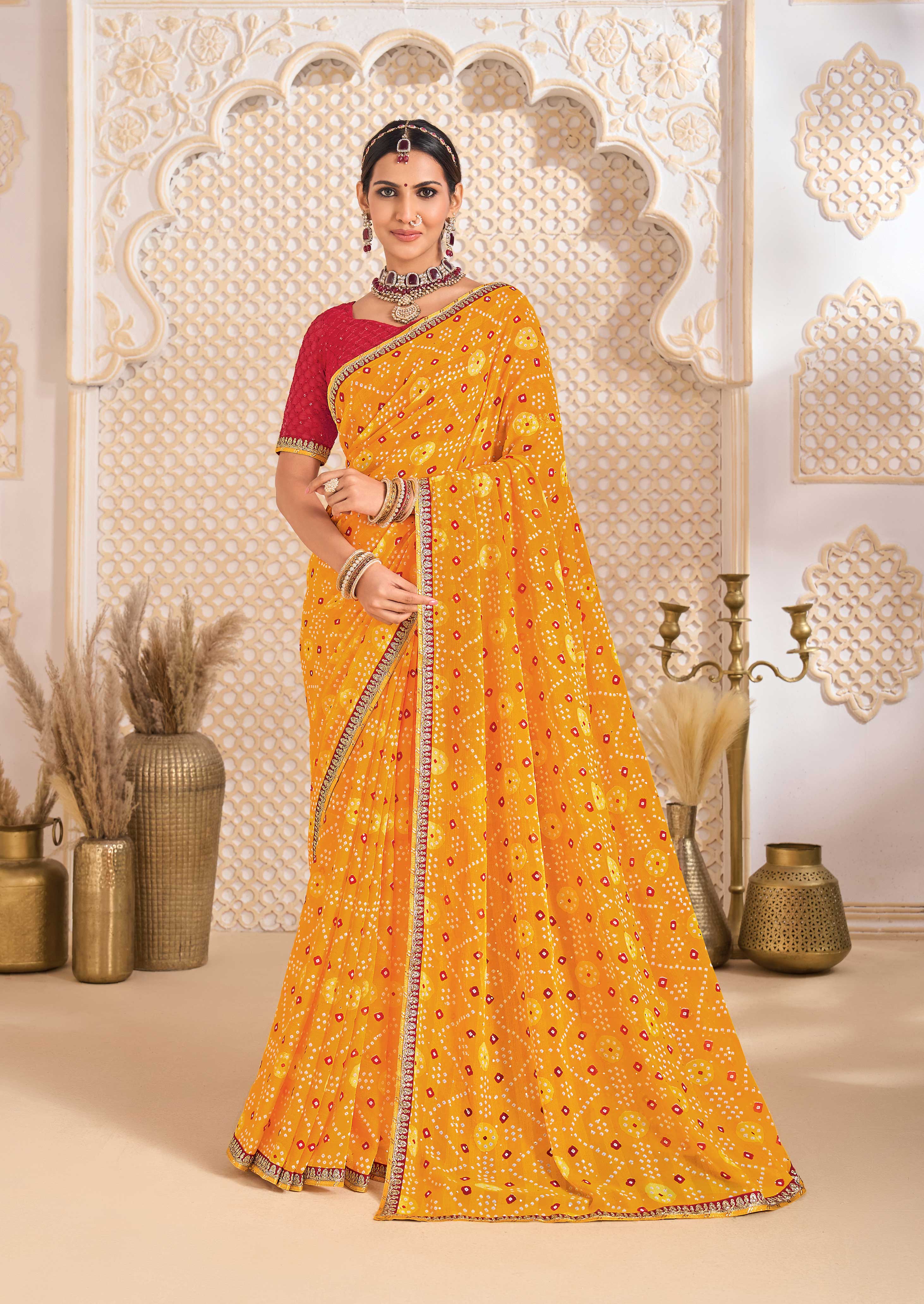 Laxmipati Ghoomar Mustard Bandhani Printed Saree