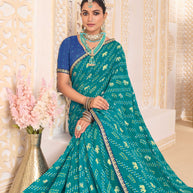 Laxmipati Ghoomar Teal Blue Georgette Bandhani Printed Saree