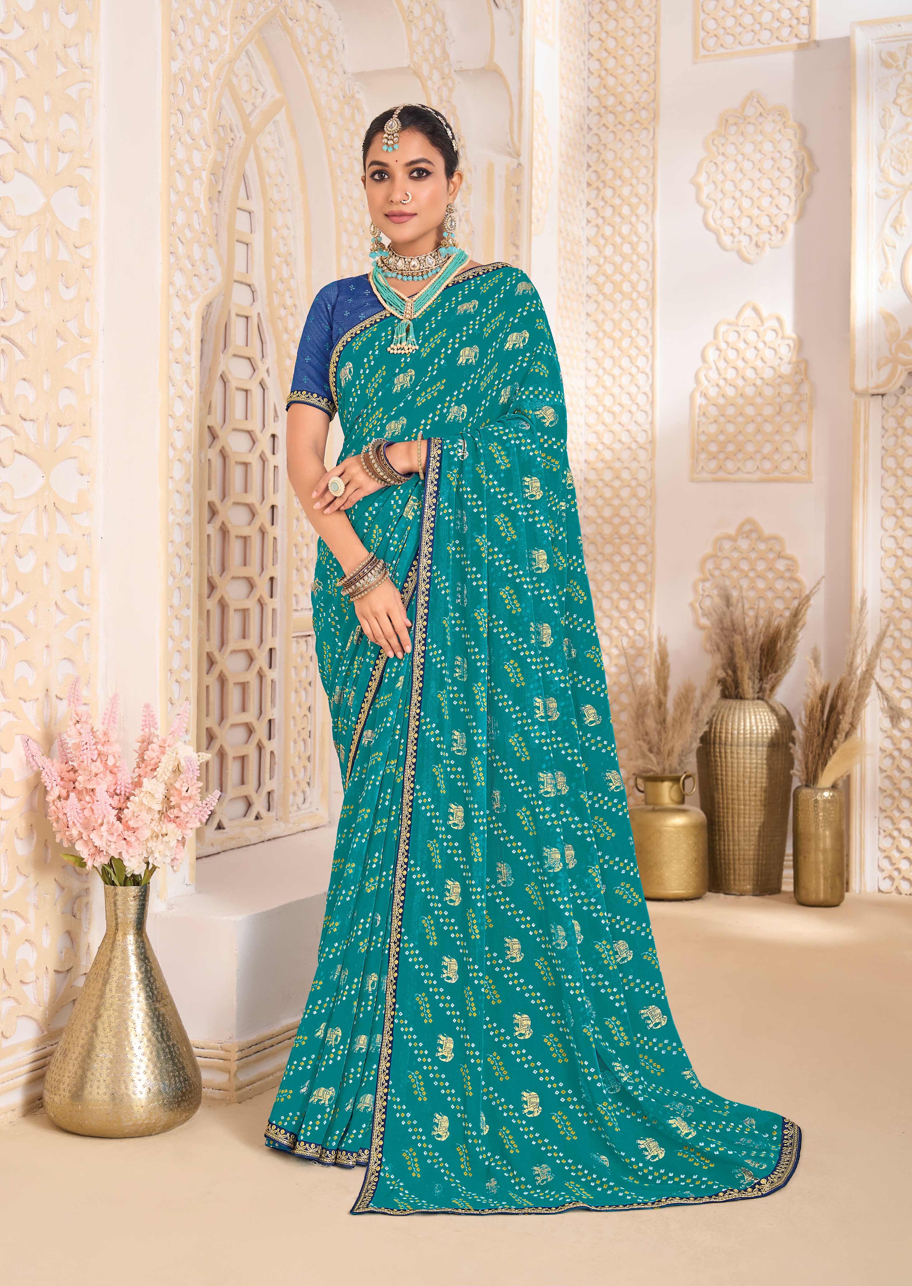 Laxmipati Ghoomar Teal Blue Georgette Bandhani Printed Saree