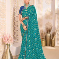 Laxmipati Ghoomar Teal Blue Georgette Bandhani Printed Saree