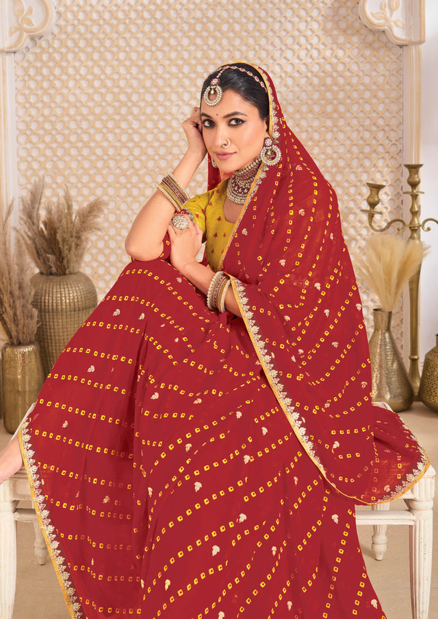Laxmipati Ghoomar Maroon Georgette Bandhani Printed Saree