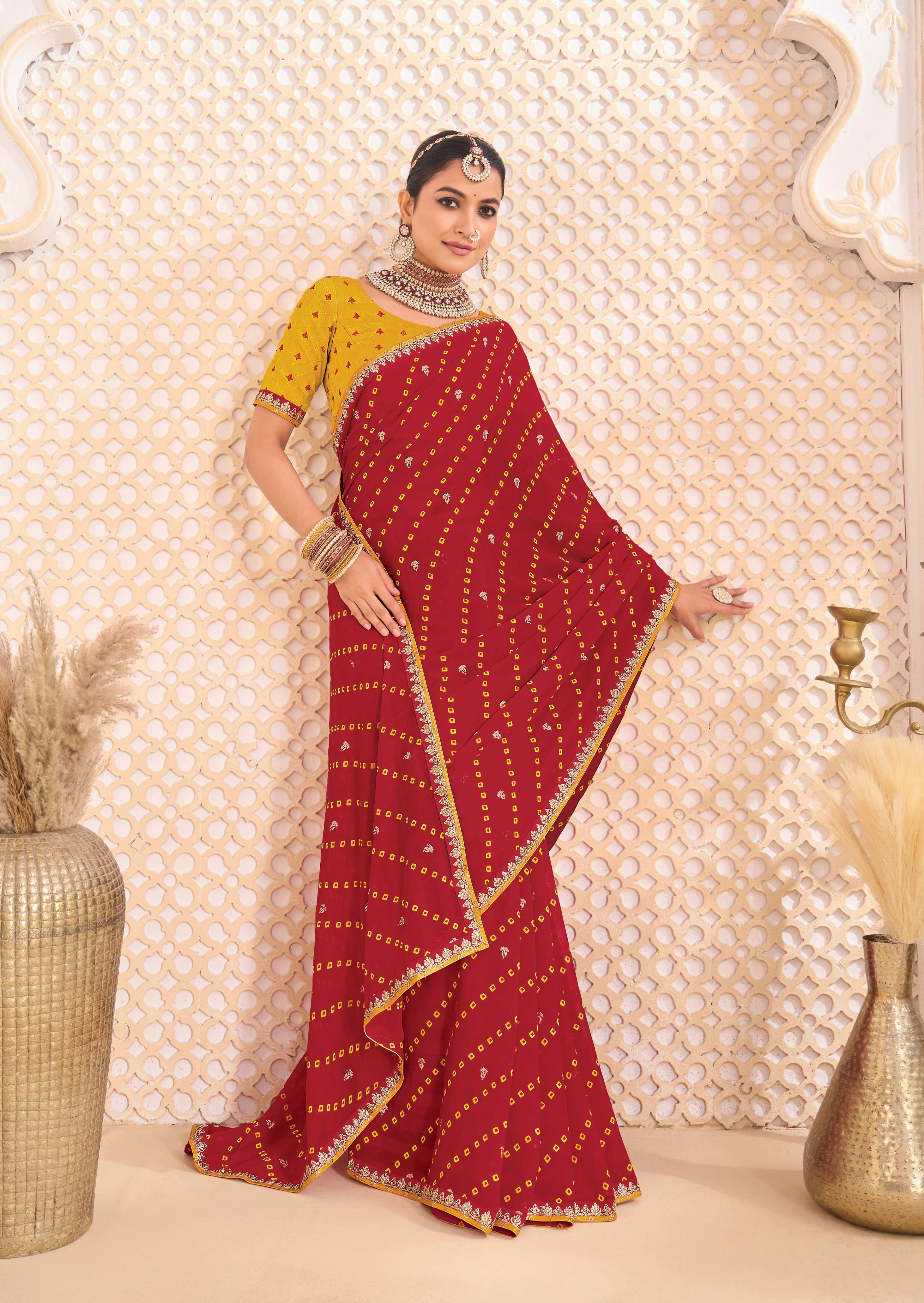 Laxmipati Ghoomar Maroon Georgette Bandhani Printed Saree